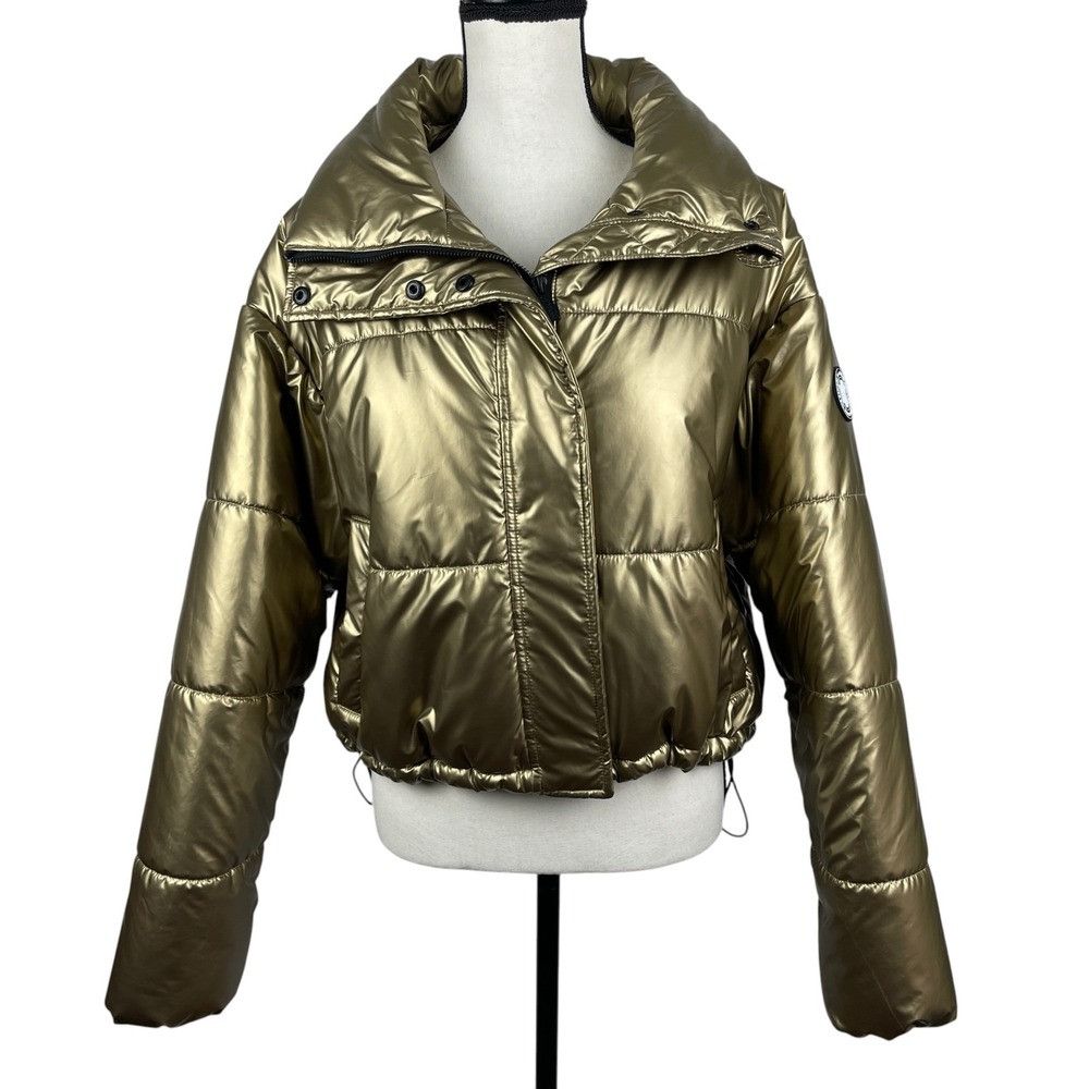 DKNY Sport Women's Puffer Jacket Large Metallic Gold Cropped Carrying Straps